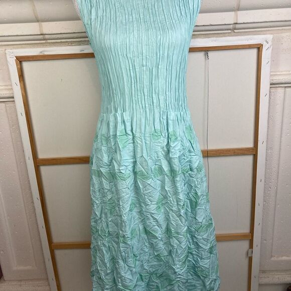 Alquema NWOT Aqua & green polka dot hand pleated midi dress w/pockets - Picture 2 of 15